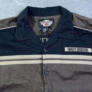 Harley Davidson Mens XL Short Sleeve Button Up Work Shirt Brown Moto Graphic